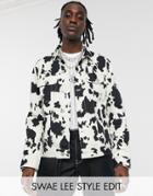 Asos Design Denim Jacket In Cow Print-white