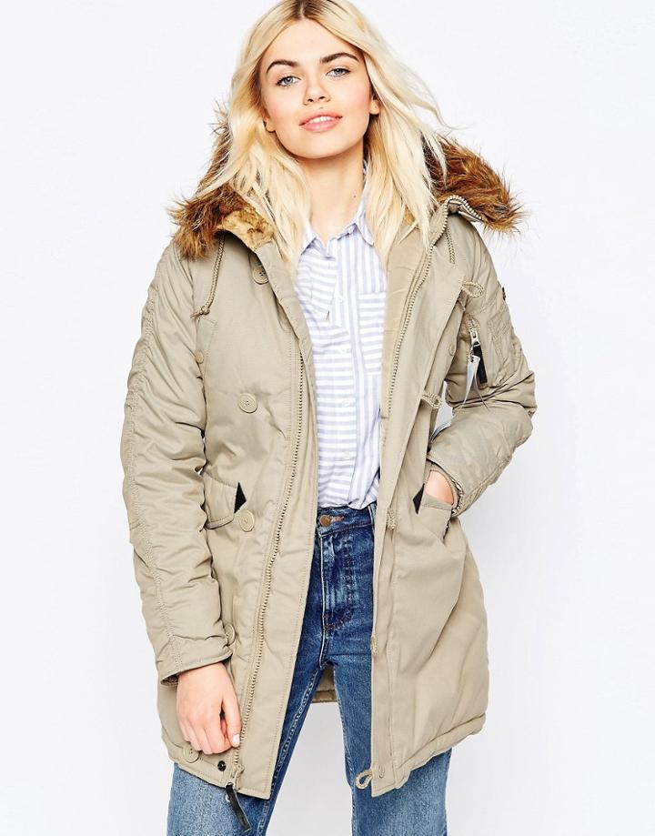 Alpha Industries Explorer Parka In Khaki With Faux Fur Hood - White