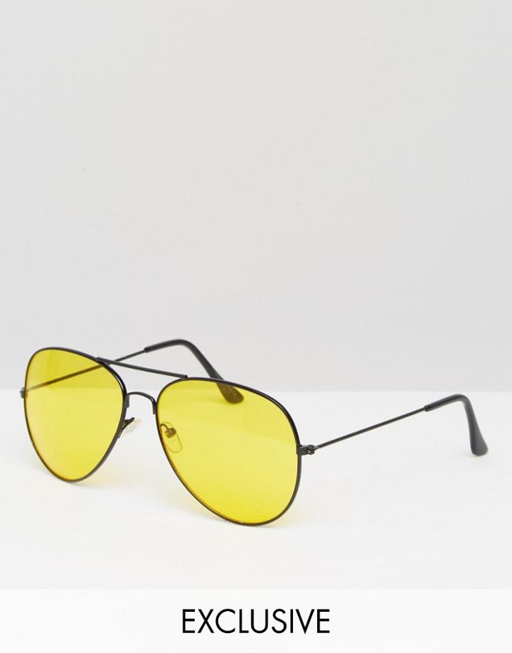Reclaimed Vintage Aviator Sunglasses With Yellow Lens - Black