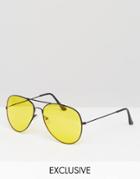 Reclaimed Vintage Aviator Sunglasses With Yellow Lens - Black
