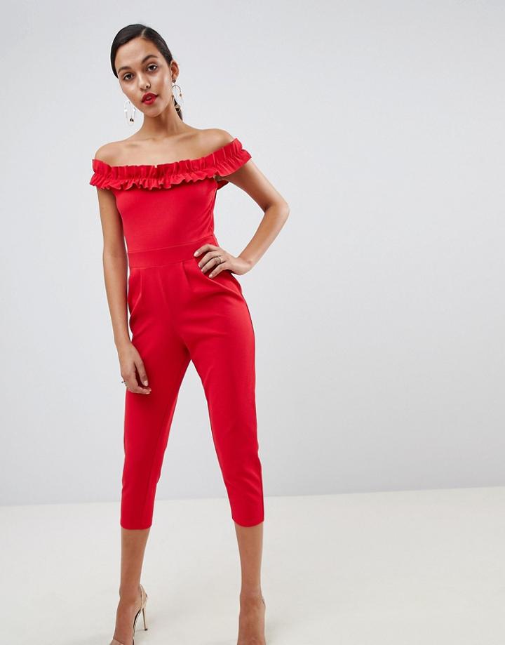 Outrageous Fortune Ruffle Bardot Detail Jumpsuit In Red - Red