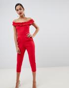Outrageous Fortune Ruffle Bardot Detail Jumpsuit In Red - Red