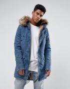 Sixth June Denim Parka Jacket With Oversized Faux Fur Hood - Blue