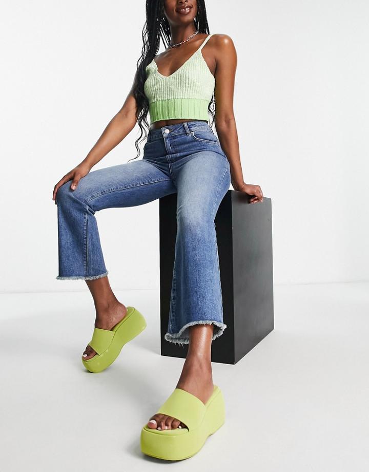 Miss Selfridge Cropped Kickflare Jeans In Mid Wash-blue