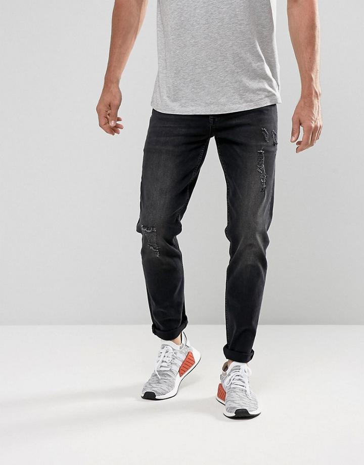 Asos Slim Jeans In 12.5oz Washed Black With Rips - Black
