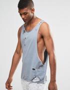 Asos Sleeveless T-shirt With Distressed Acid Wash And Extreme Dropped Armhole In Gray - Gray