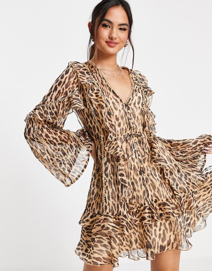 Asos Design Ruffle Mini Dress With Button Front And Lace Detail In Animal Print-multi