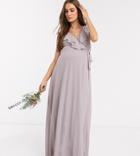 Tfnc Maternity Bridesmaid Ruffle Detail Maxi Dress With Thigh Split In Gray-grey