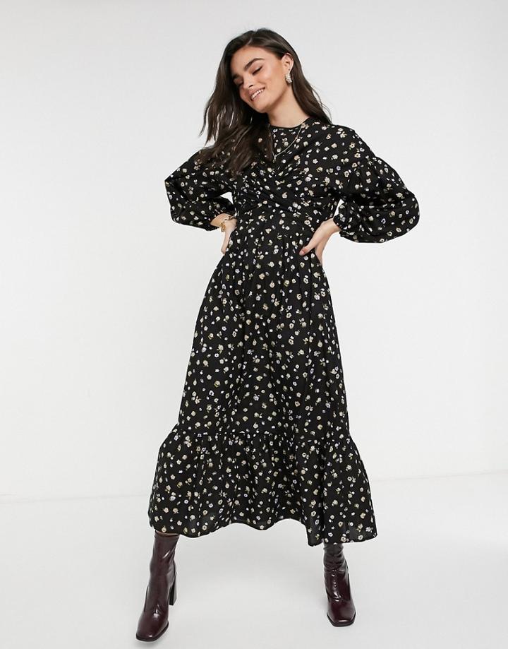 Asos Design Tie Wrap Around Maxi Dress In Dark Based Floral-multi