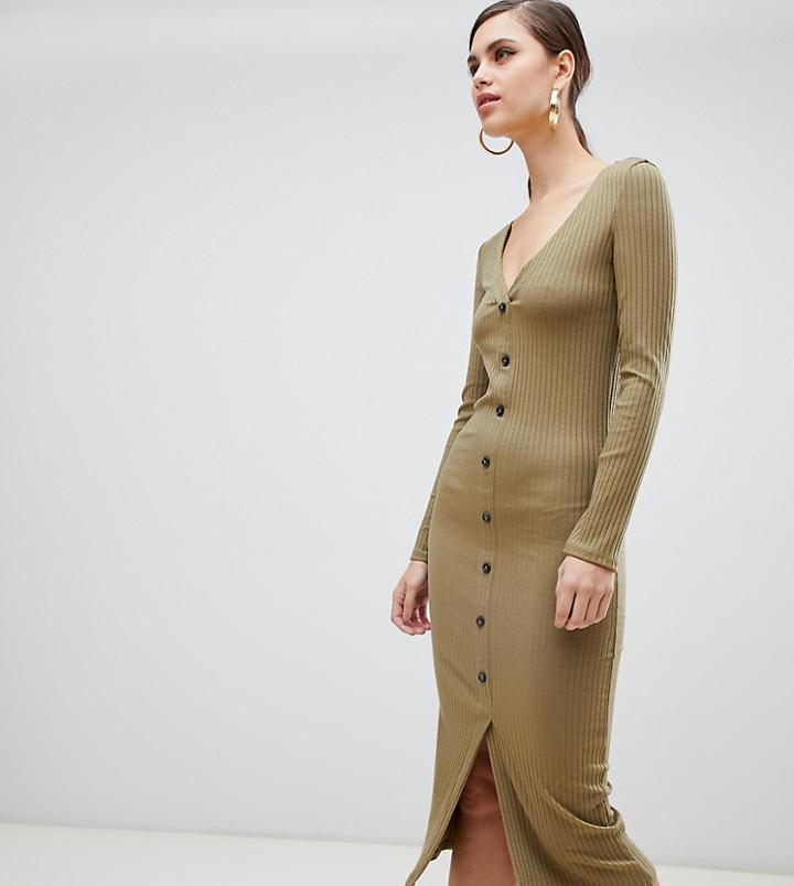 River Island Button Through Midi Dress In Khaki - Green