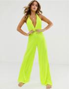 Asos Design Neon Yellow Plunge Neck Slinky Jersey Beach Jumpsuit With Twist Back