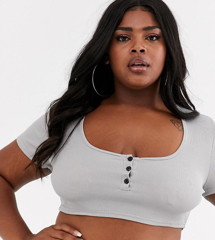 Fashionkilla Plus Button Through Plunge Crop Top In Gray