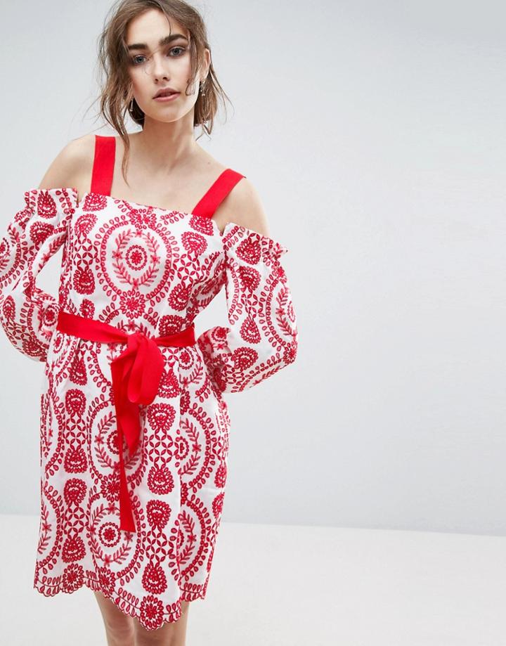 Asos Premium Broderie Dress With Grosgrain And Red Trim - Multi