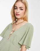 Asos Design Tea Blouse With Peplum Hem And Angel Sleeve With Twist Front Detail In Khaki-green