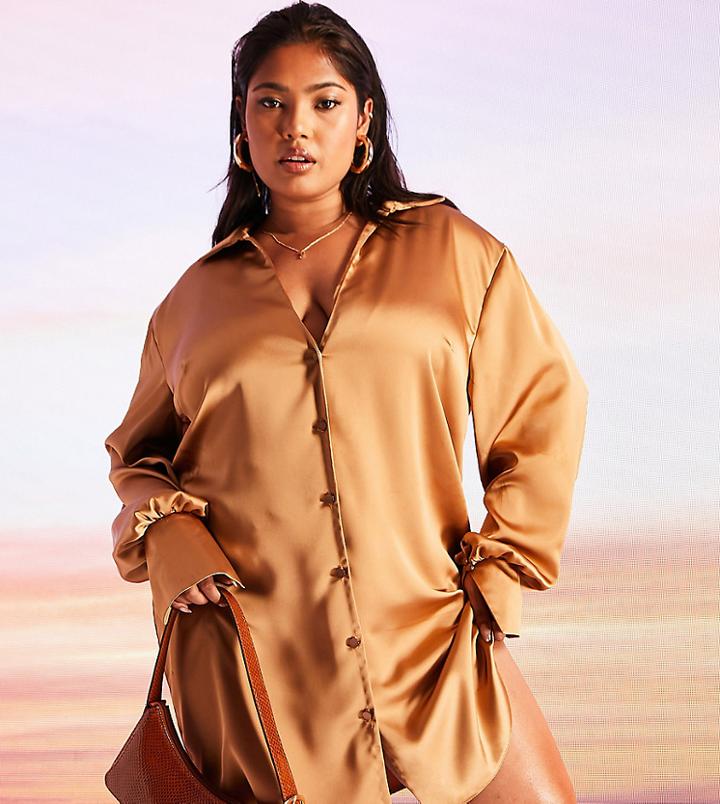 Asos Design Curve Slouchy Satin Shirt Mini Dress In Camel-brown