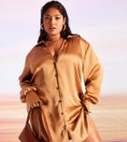 Asos Design Curve Slouchy Satin Shirt Mini Dress In Camel-brown