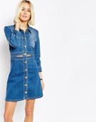 Gestuz Denim Mini Shirt Dress With Gold Buttons - Blue