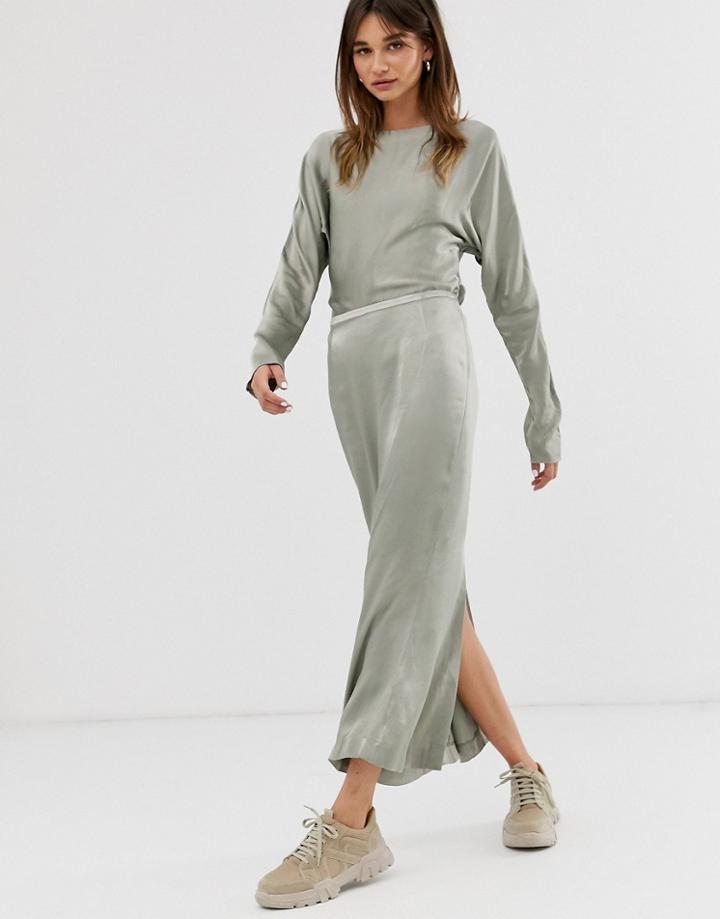 Weekday Limited Edition Maxi Satin Skirt In Olive Green - Green