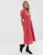 Influence Check Tie Waist Midi Dress-red