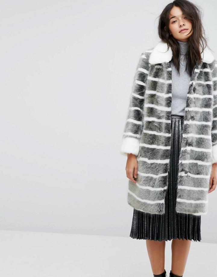Urban Code Stripe Faux Fur Coat - Gray