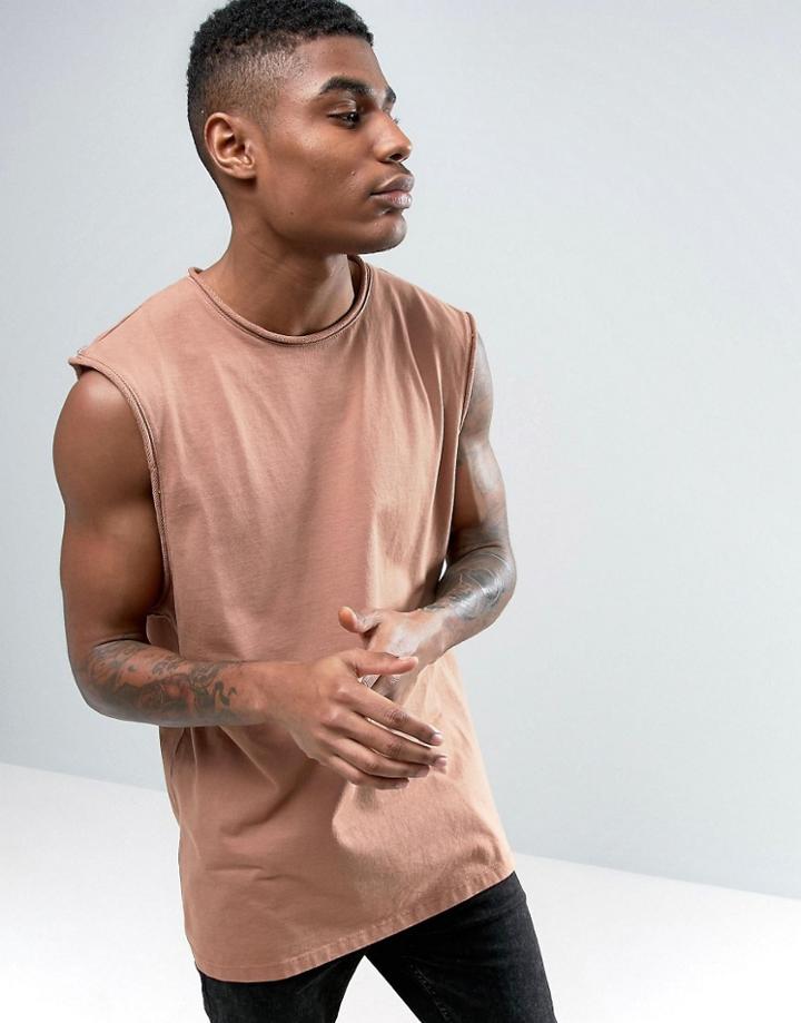Asos Oversized Sleeveless T-shirt With Raw Edge And Pigment Wash - Orange