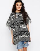 Asos Knitted Poncho In Mono Pattern With Fringing