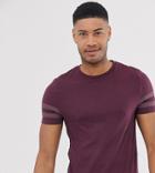 Asos Design Tall Skinny T-shirt With Stretch And Black Contrast Sleeve Stripe In Burgundy-red