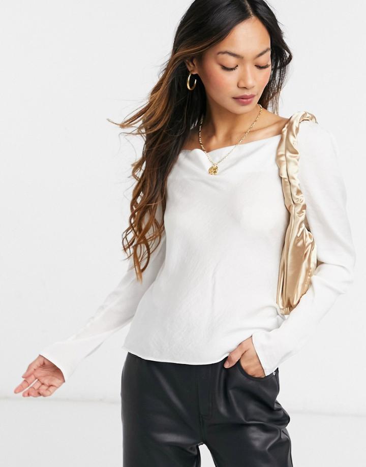 Asos Design Long Sleeve Bias Cut Satin Blouse With Cowl Neck In Oyster-neutral