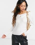 Asos Design Long Sleeve Bias Cut Satin Blouse With Cowl Neck In Oyster-neutral