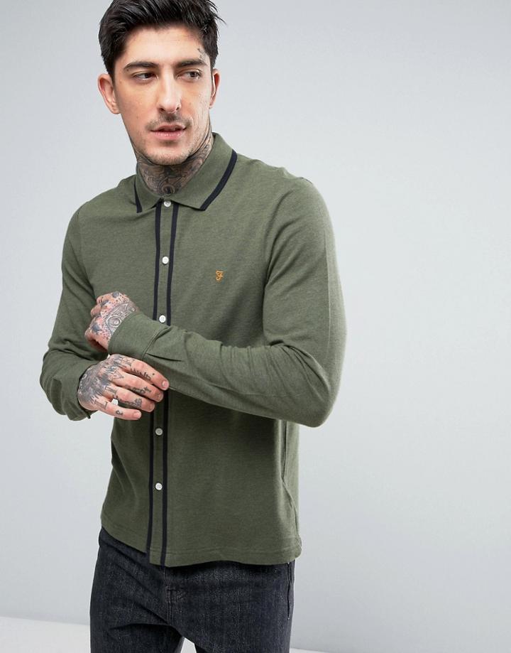 Farah Jenkins Pique Shirt Tipped Slim Fit In Green Marl - Green
