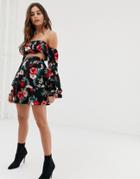 Prettylittlething Two-piece Mini Skirt With Frill Detail In Black Floral - Multi