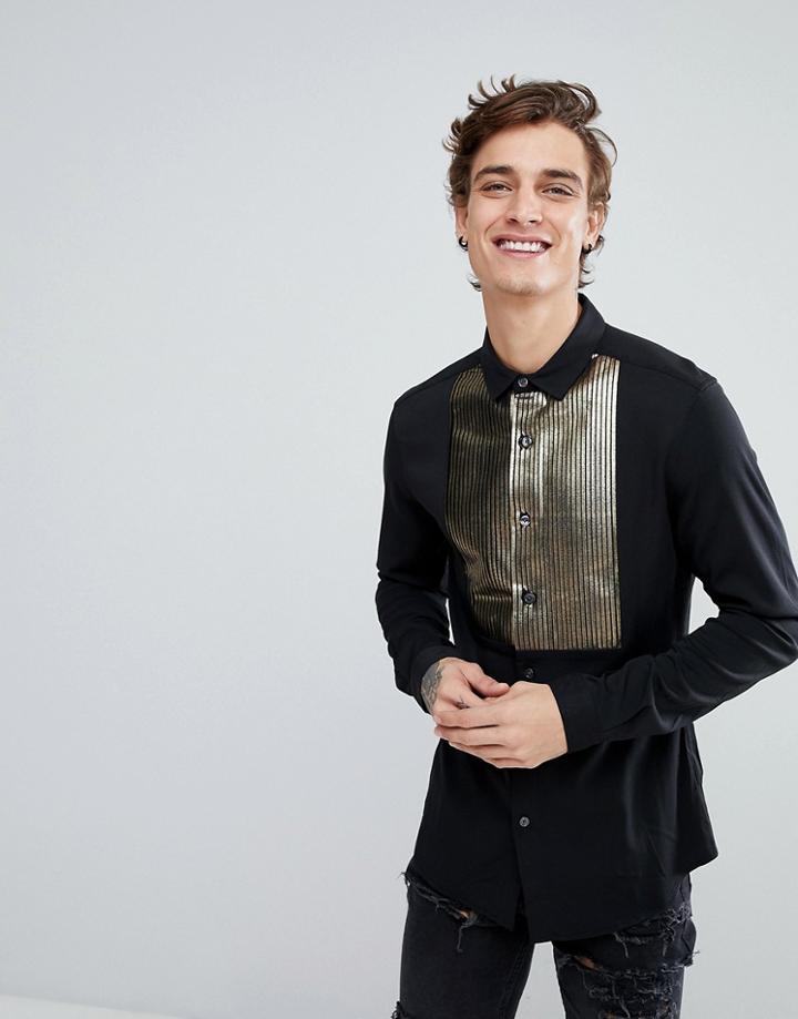 Asos Skinny Sateen Shirt In Black With Gold Bib - Black