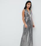 John Zack Petite Sequin Glitter Halterneck Wide Leg Jumpsuit In Silver - Silver