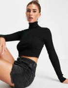 Asos Design Roll Neck Ribbed Crop Top In Black