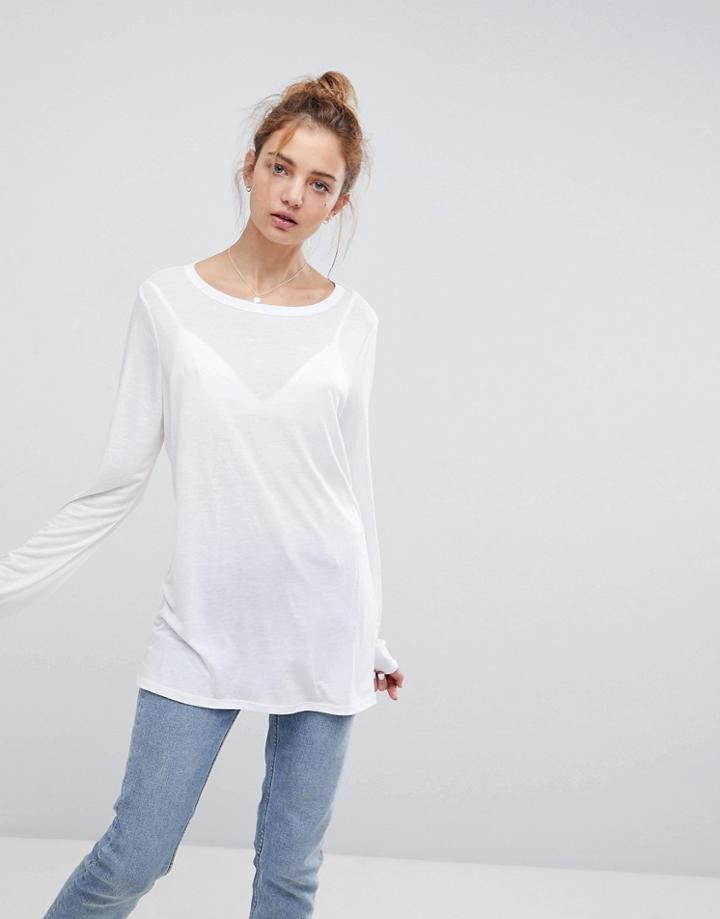 Asos T-shirt With Longline Sleeve In Lightweight Jersey - White