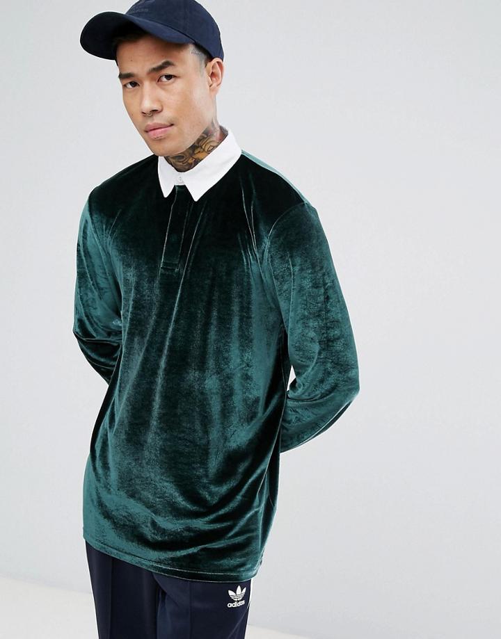 Asos Longline Rugby Polo Shirt In Velour - Green