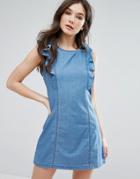 Qed London Frill Sleeve Denim Dress - Blue