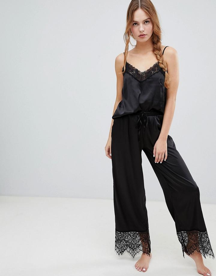Loungeable Satin Cami Pyjama Set With Lace Trim - Black