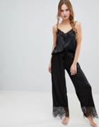 Loungeable Satin Cami Pyjama Set With Lace Trim - Black