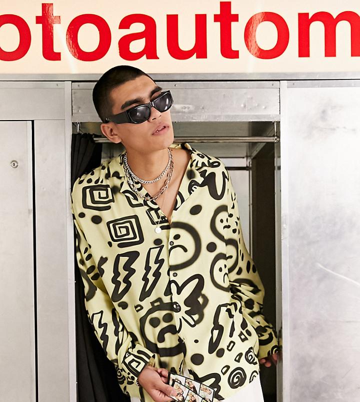 Collusion Doodle Print Shirt In Vintage Cream - Part Of A Set-multi