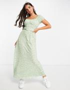 Asos Design Cupped Detail Maxi Dress With Belt In Green Ditsy Floral-multi