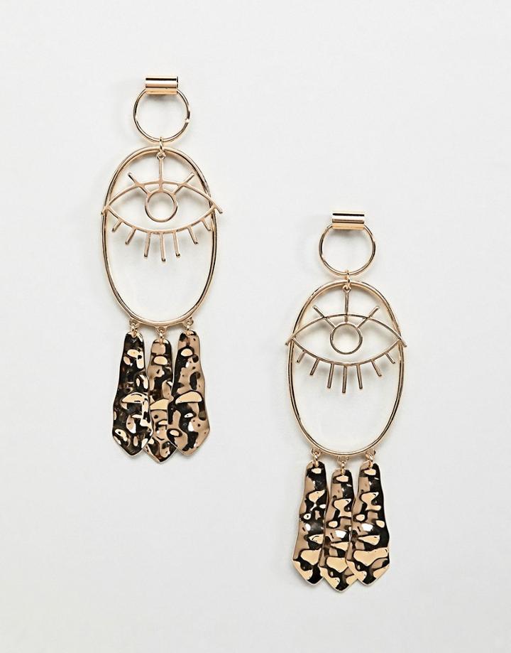 Asos Design Earrings With Eye Design And Hammered Pendants In Gold - Gold