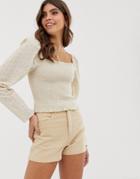 Asos Design Long Sleeve Square Neck Top In Broderie With Shirring-white