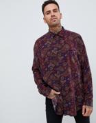 Asos Design Oversized Paisley Viscose Shirt With Dropshoulder In Longline - Navy