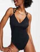 Asos Design Fuller Bust Ring Detail Strappy Back Swimsuit In Black