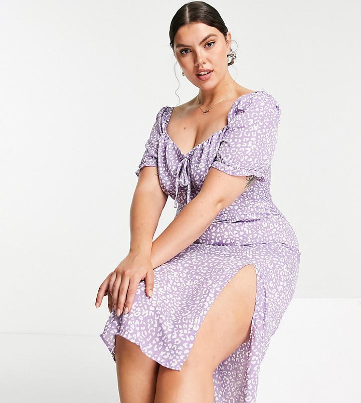 Missguided Plus Leopard Print Milkmaid Dress In Purple