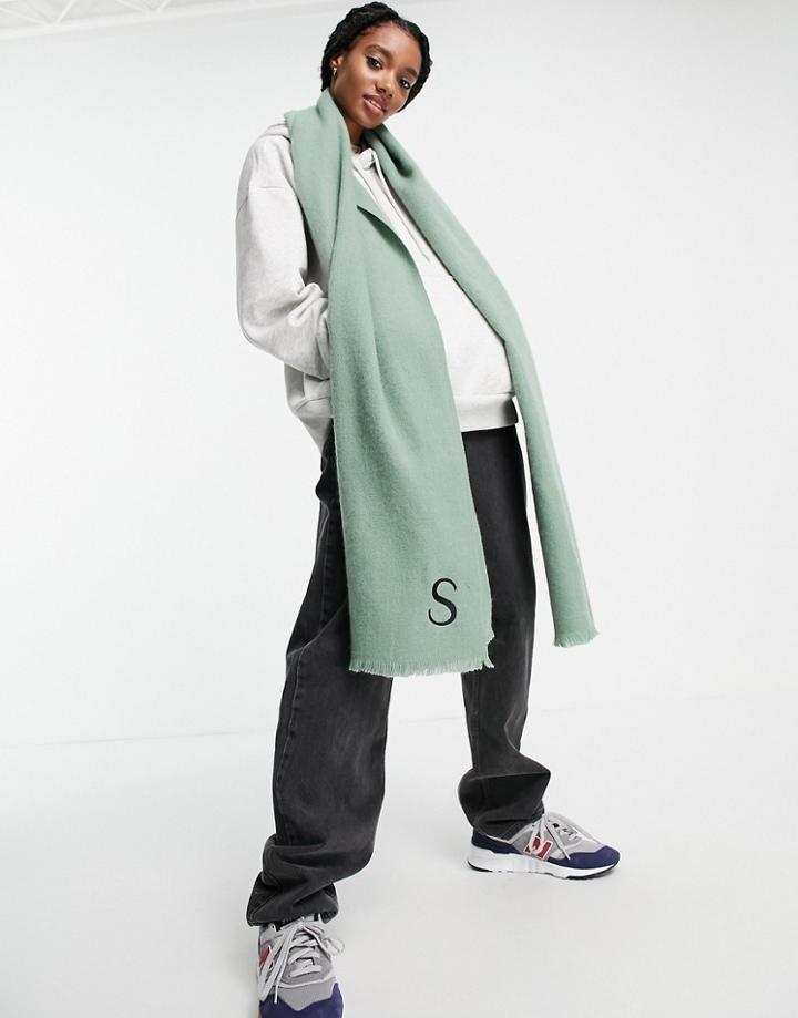 Asos Design Recycled Blend Personalized Scarf With S Initial In Sage-green