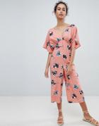 Asos Design Tea Jumpsuit With Kimono Sleeve And Button Detail In Floral Print - Orange