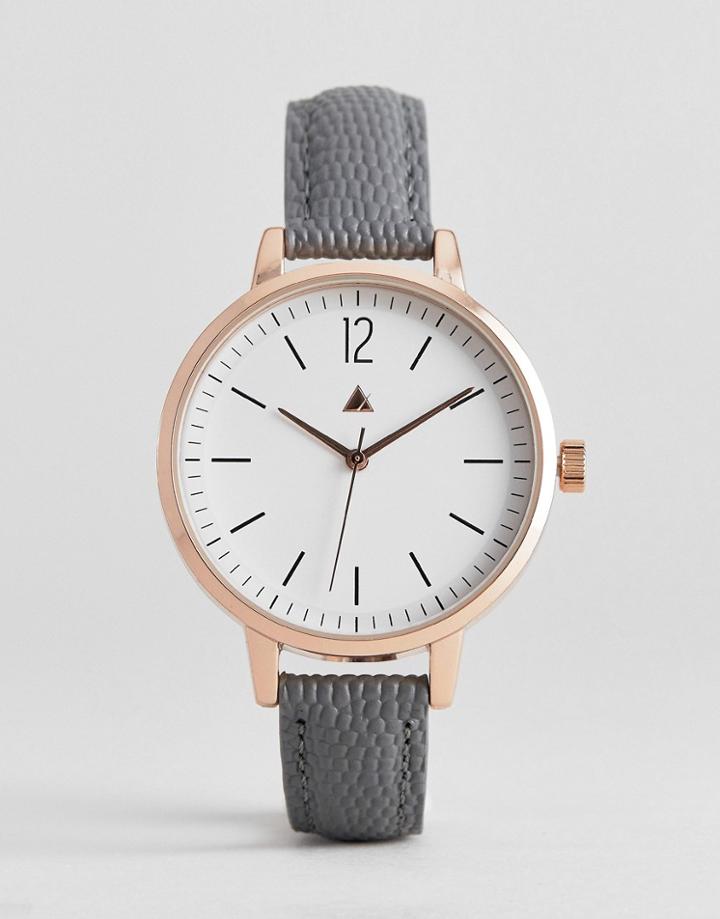 Asos Design Leather Watch With Sub Dial Detail And Faux Lizard Skin Strap In Gray - Gray