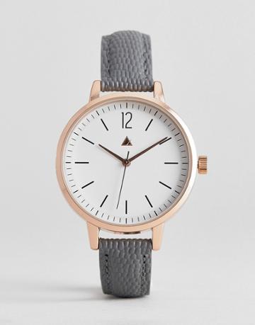 Asos Design Leather Watch With Sub Dial Detail And Faux Lizard Skin Strap In Gray - Gray
